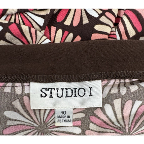 Studio 1 Midi Dress Sz 10 Medium Pink Brown Retro Y2K V Neck Ruched Waist - Picture 3 of 10